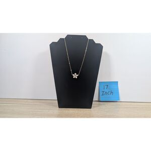 Gold Tone Flower Pendant Necklace 17" Chain Crystal Floral Charm